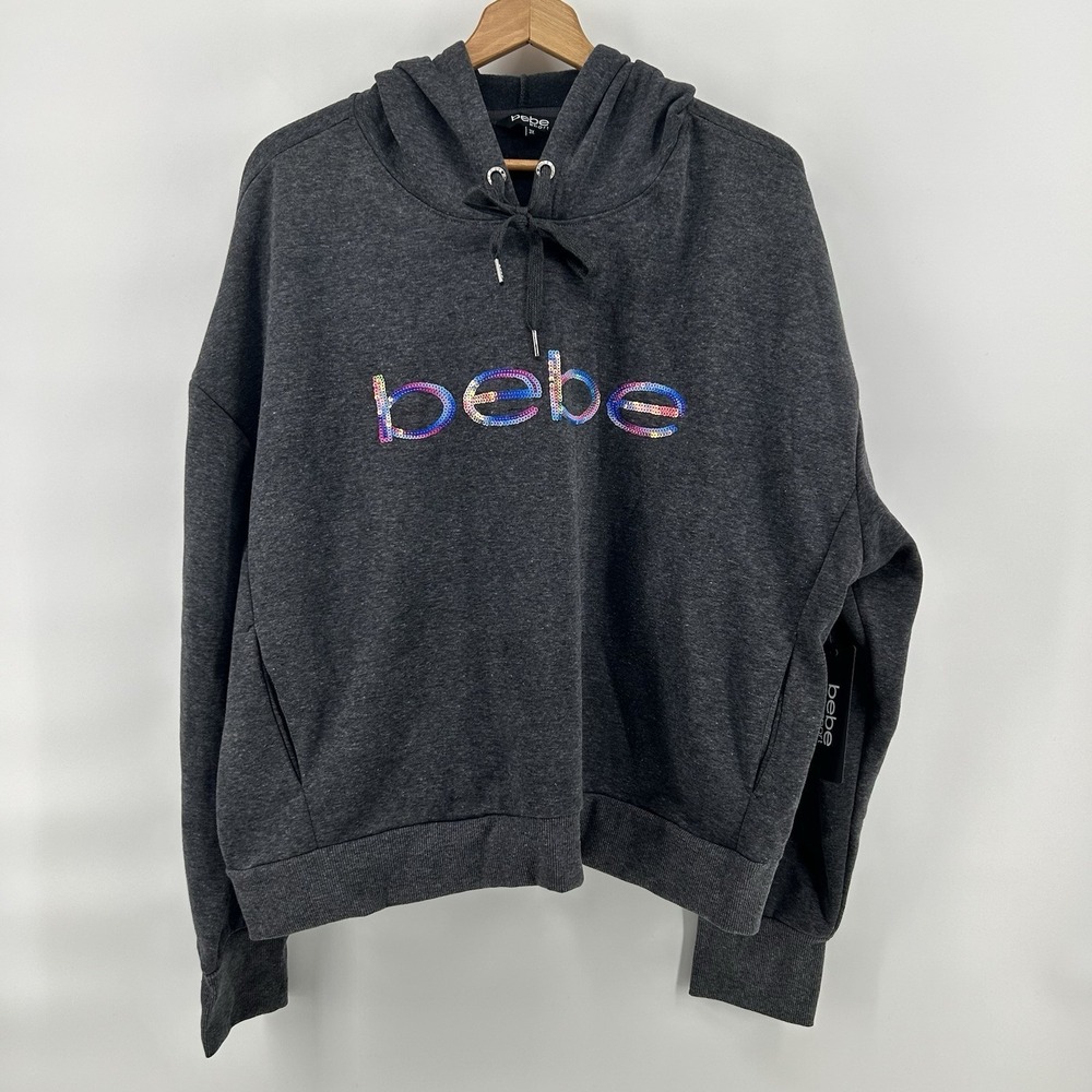 Bebe‎ Hoodie Womens 3X Charcoal Sequin Logo Cropped Pullover Glam Streetwear NWT